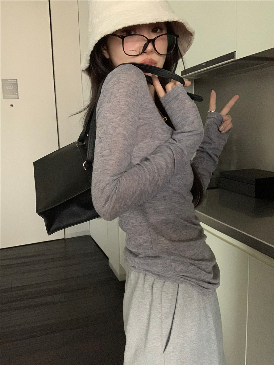 基础款纯色简约百搭舒适慵懒风薄款上衣U领打底衫内搭长袖t恤女详情4