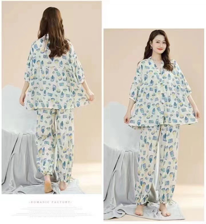春夏新款棉绸睡衣套装女士七分袖大码宽松空调服家居服两件套详情19