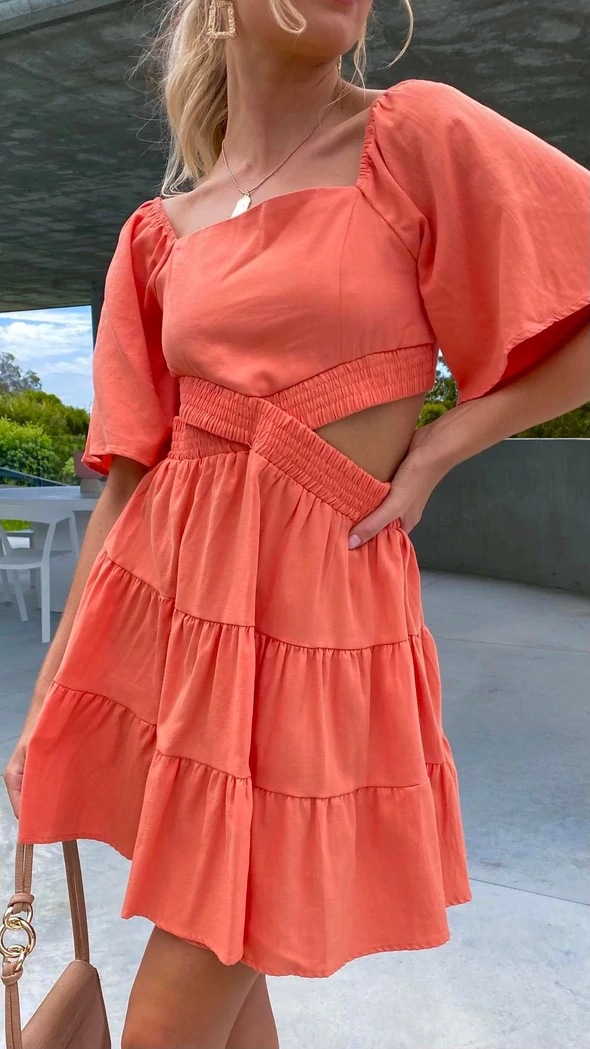 2022 European and American Cross-border Spring/Summer New solid-color rubber-waisted fresh and sweet short dress 22053 pic 18