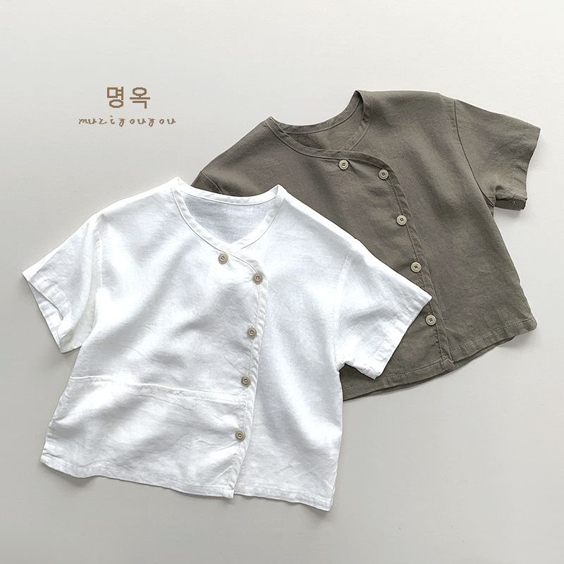 日系棉麻风~男女童上衣儿童个性韩版短袖T恤小衫森系复古风潮童装详情3