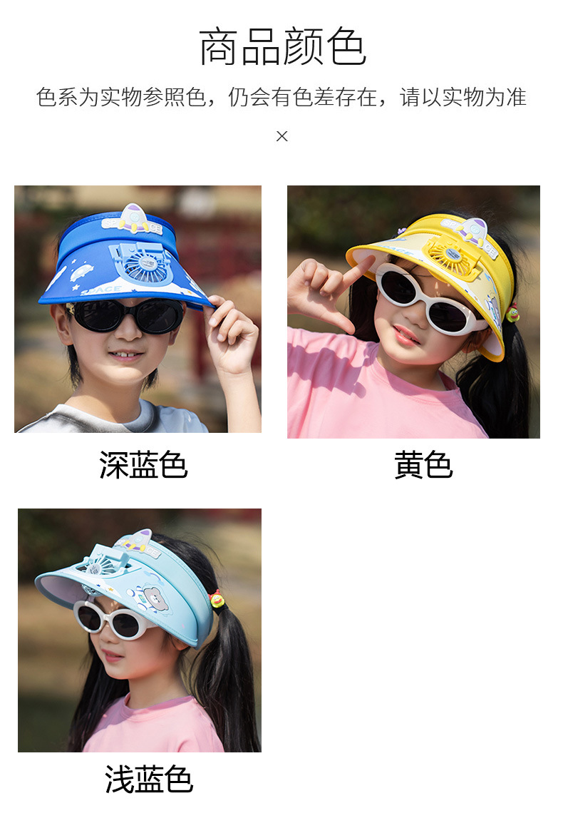 新款儿童风扇帽夏天防晒空顶帽卡通小熊时尚遮阳帽可调节USB充电详情10
