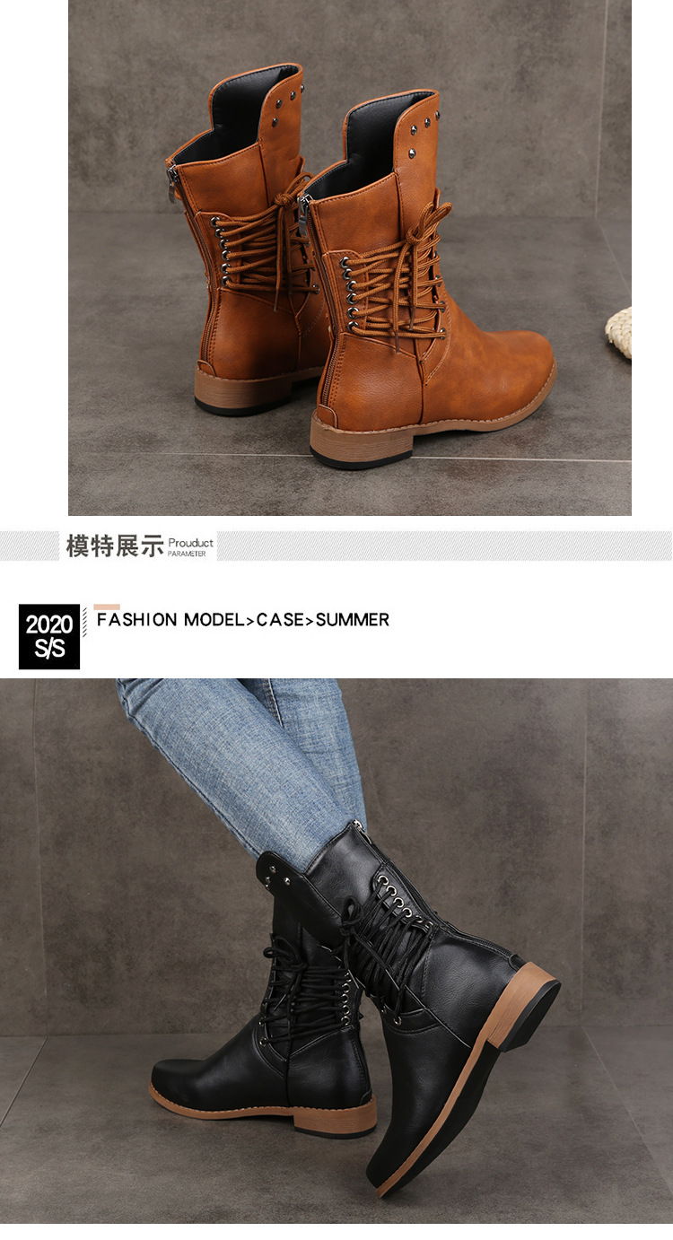 跨境外贸中筒靴女秋冬新款欧美柳钉低跟骑士靴纯色后拉链女式皮靴详情8