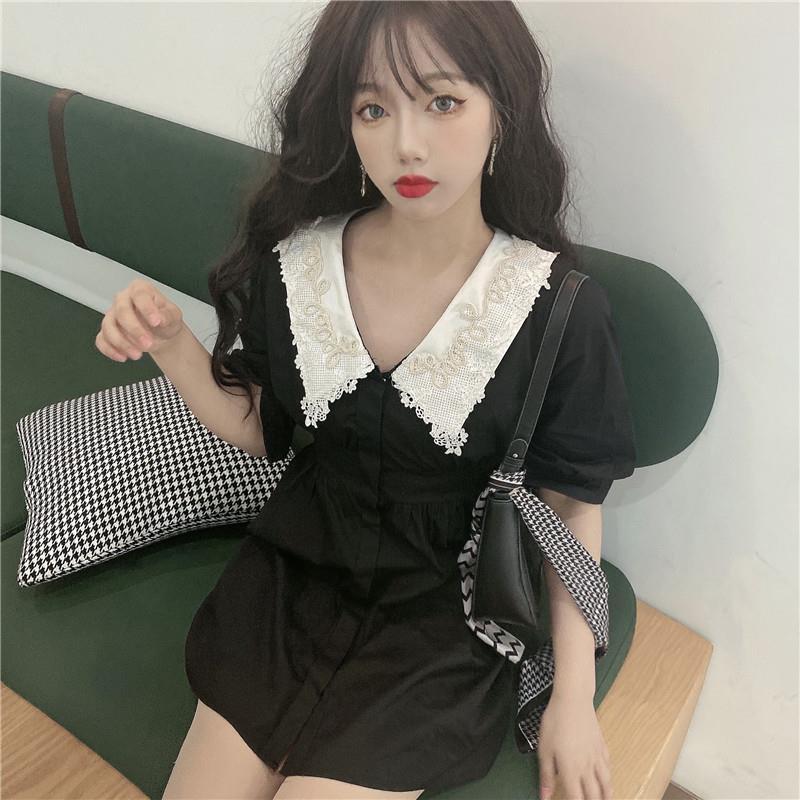 胖妹妹复古撞色娃娃领连衣裙大码小个子轻熟风优雅气质小黑裙女夏详情8