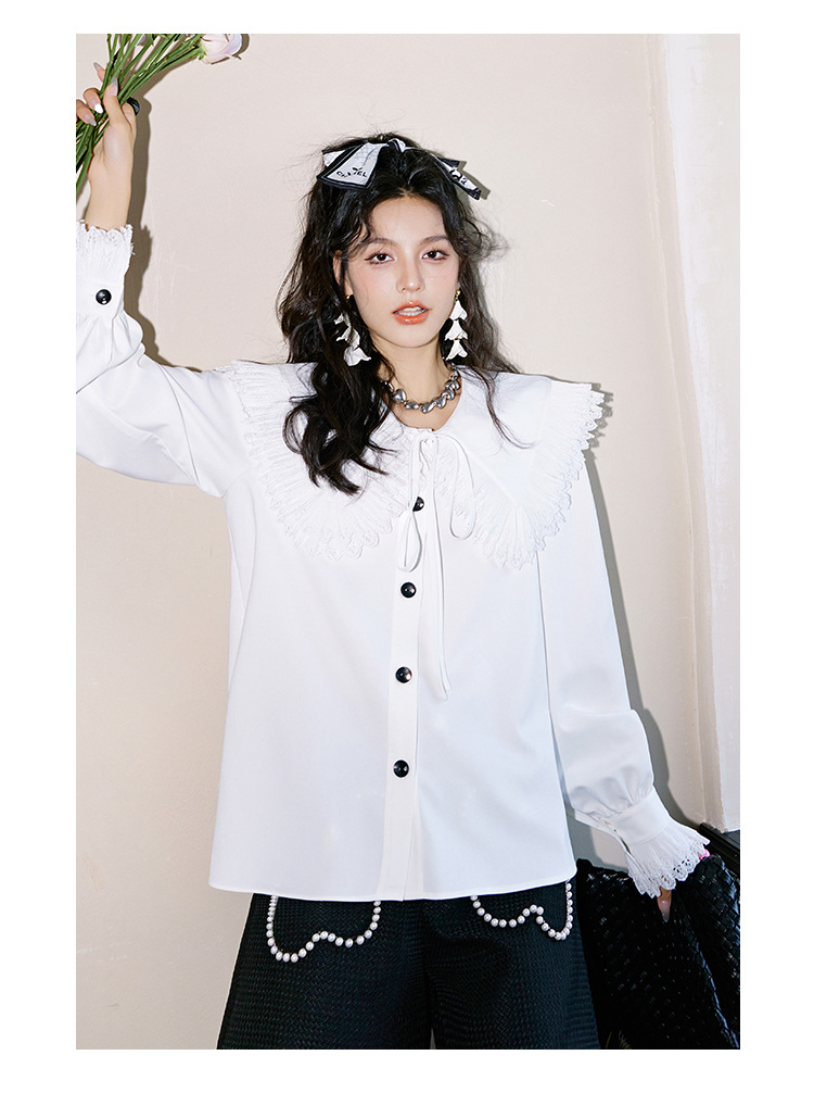 The new long-sleeved white shirt for women in the autumn of 2023, with lace trim and a doll-neck design, is a stylish shirt for women pic 23