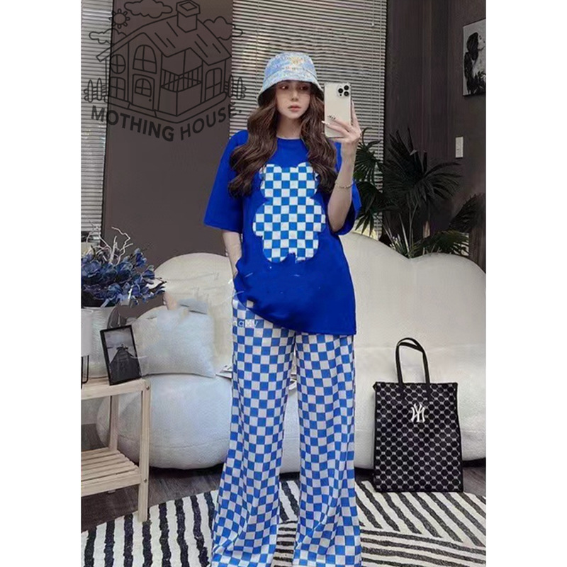 Cross-border bestseller fashion set: New loose student embroidered bear checkered wide-leg pants, casual two-piece summer pic 3
