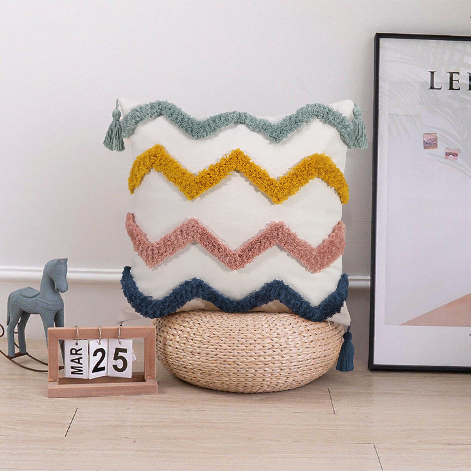 北欧风摩洛哥风格波浪线多色簇绒抱枕套双色手工流苏沙发靠垫套详情4