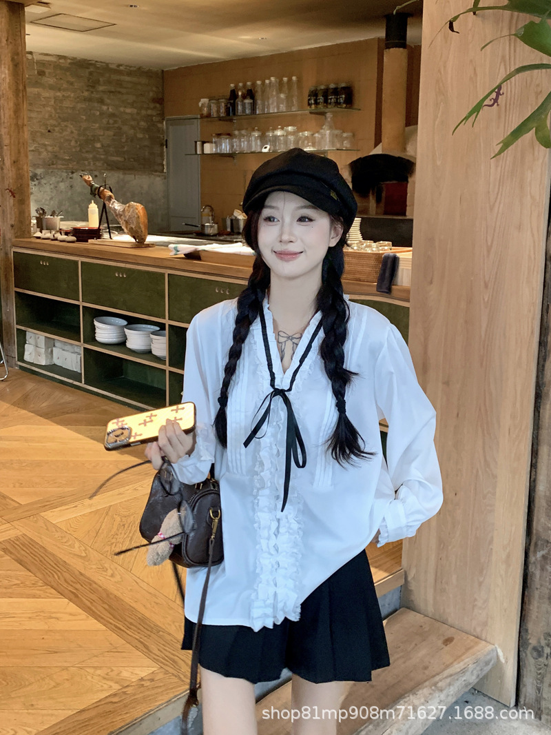 法式千金早春压褶小众气质名媛甜美系带蝴蝶结衬衫女长袖白衬衣女详情2