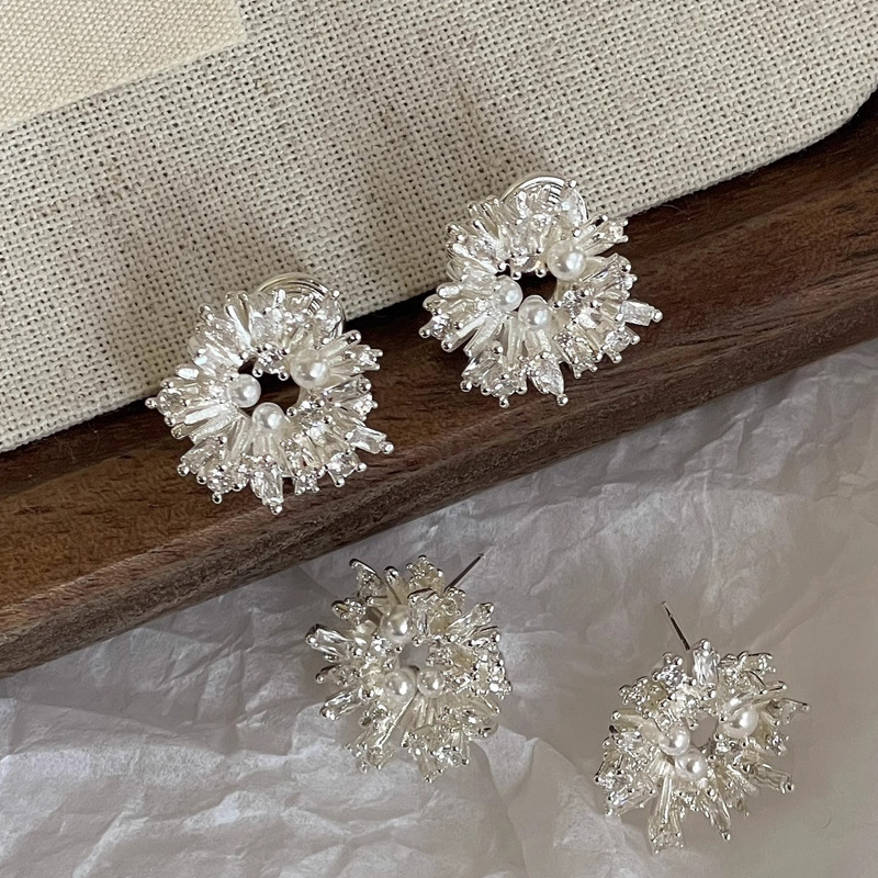 「霜穗」韩系太阳花几何珍珠耳饰蚊香盘耳夹无耳洞耳钉银独特耳环详情5