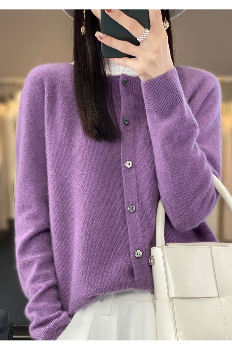 爆款批发秋冬季新款纯羊毛桂花针开衫宽松大码圆领羊毛衫详情12