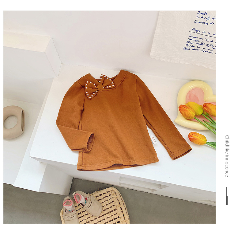 厂家直销2022秋季新品珍珠蝴蝶结长袖女童打底衫儿童全棉t恤韩版详情16