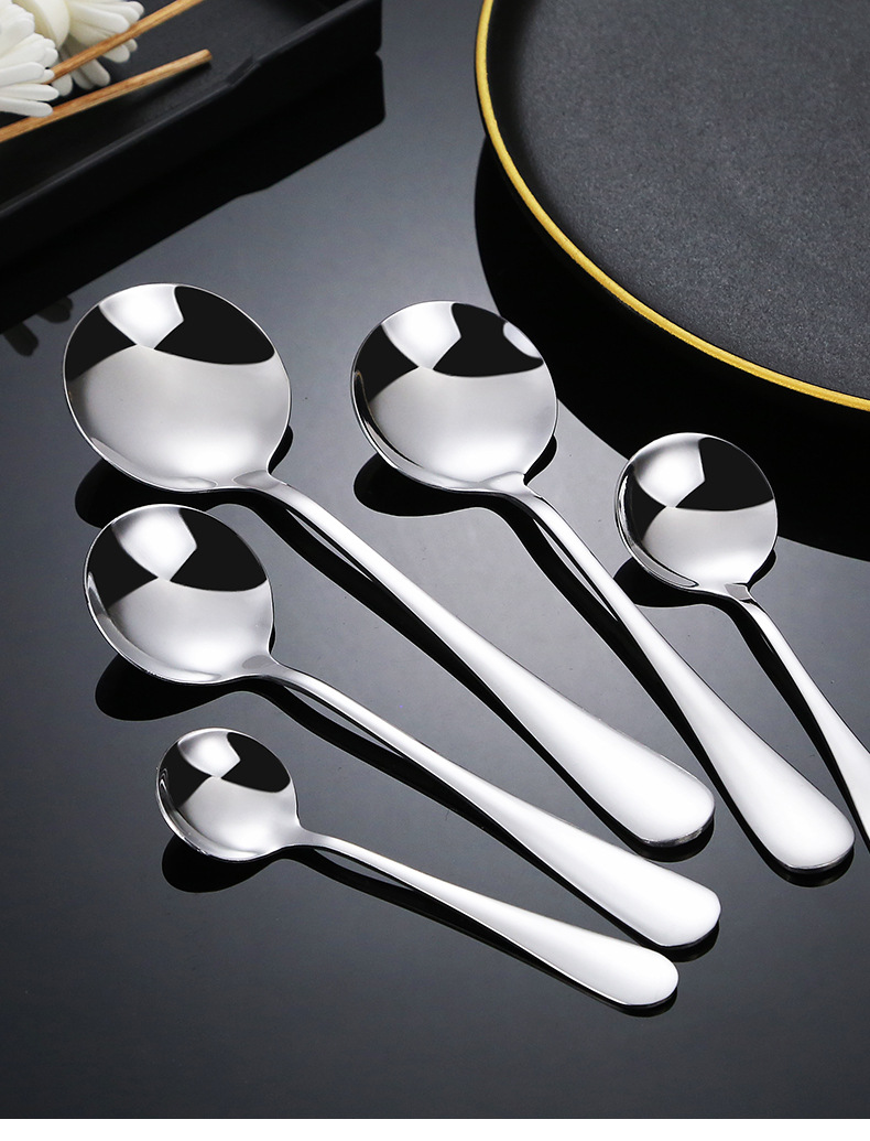 不锈钢勺子家用吃饭汤勺调羹长柄甜品圆勺加厚1010酒店西餐具批发详情16