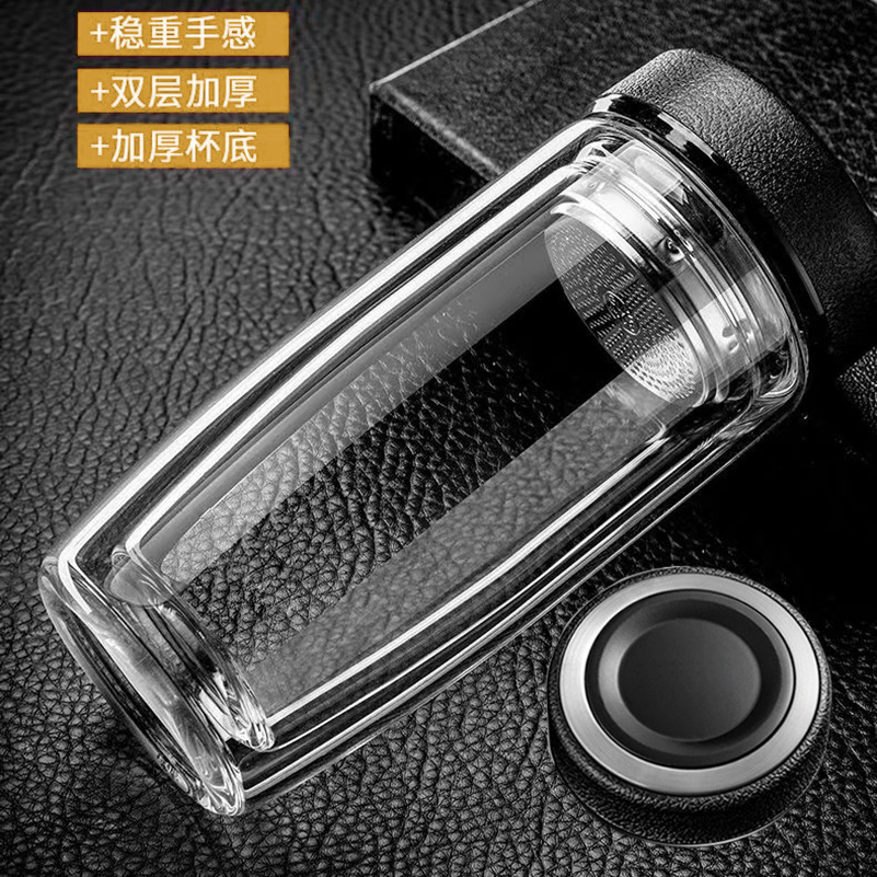 Thickened double-layer glass cups, large-capacity tea-water separation cups, business tea brewing cups, car-mounted goose egg cups, gift printed words pic 15