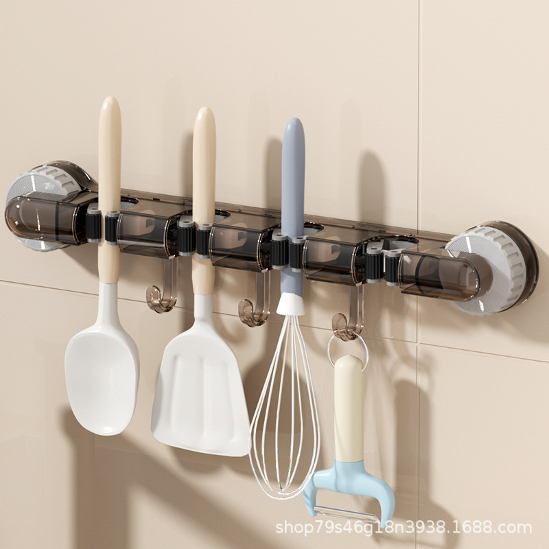 Wall-mounted four-clamp mop rack, powerful suction cup mop rack, multi-purpose hook hanging rack for kitchen and bathroom, household storage rack pic 7