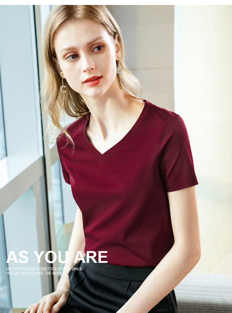 冰感丝光棉短袖t恤女2024新款女装气质v领纯棉体恤纯色高级感上衣详情25