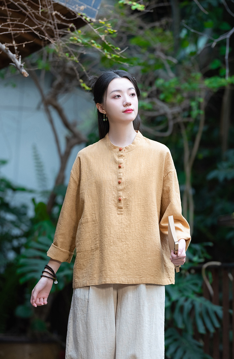 2024春夏棉麻女装新品亚麻立领拼色盘扣套头大码上衣女式棉麻衬衫详情47