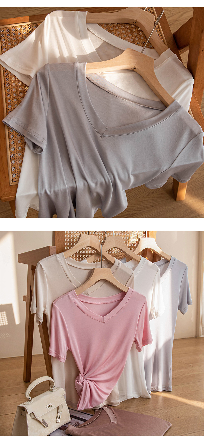 春夏季新款真丝短袖T恤女时尚v领打底衫桑蚕丝女装上衣透气亲肤详情10