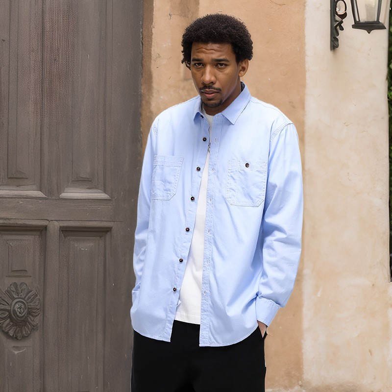 跨境美式牛仔衬衫男纯棉免烫纯色长袖男款休闲外套外贸潮流男装详情14