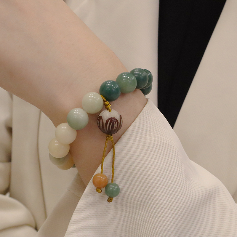 天然白玉菩提雕刻莲花佛珠手串搭配平安猫爪原创设计菩提子手链女详情13