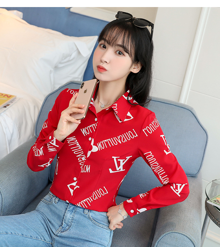 New spring and autumn Korean-style slim-fit shirt for women, long-sleeved printed striped trendy base layer, Hong Kong-style top for women pic 50