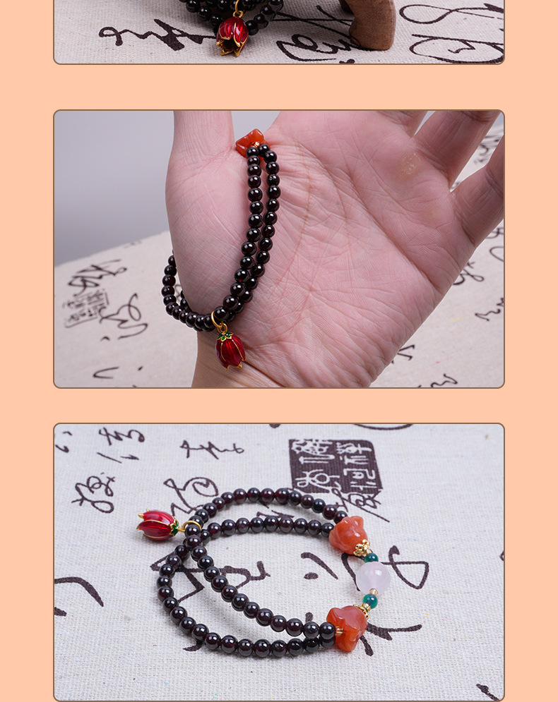 彩色醒狮铃铛莲花手串玉石带玛瑙莲花吊坠手链双层串珠弹力手链女详情9