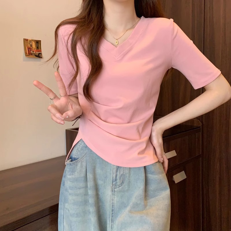 美式不规则V领棉质短袖T恤女纯色洋气小衫夏装显瘦正肩上衣详情7