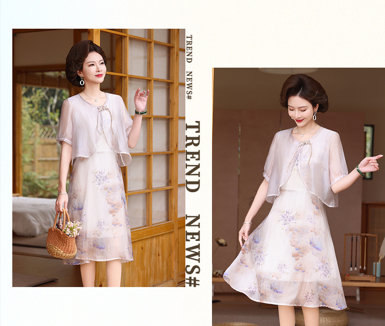 年轻妈妈装时尚两件套连衣裙40岁50中老年女士气质遮肚薄雪纺裙子详情12