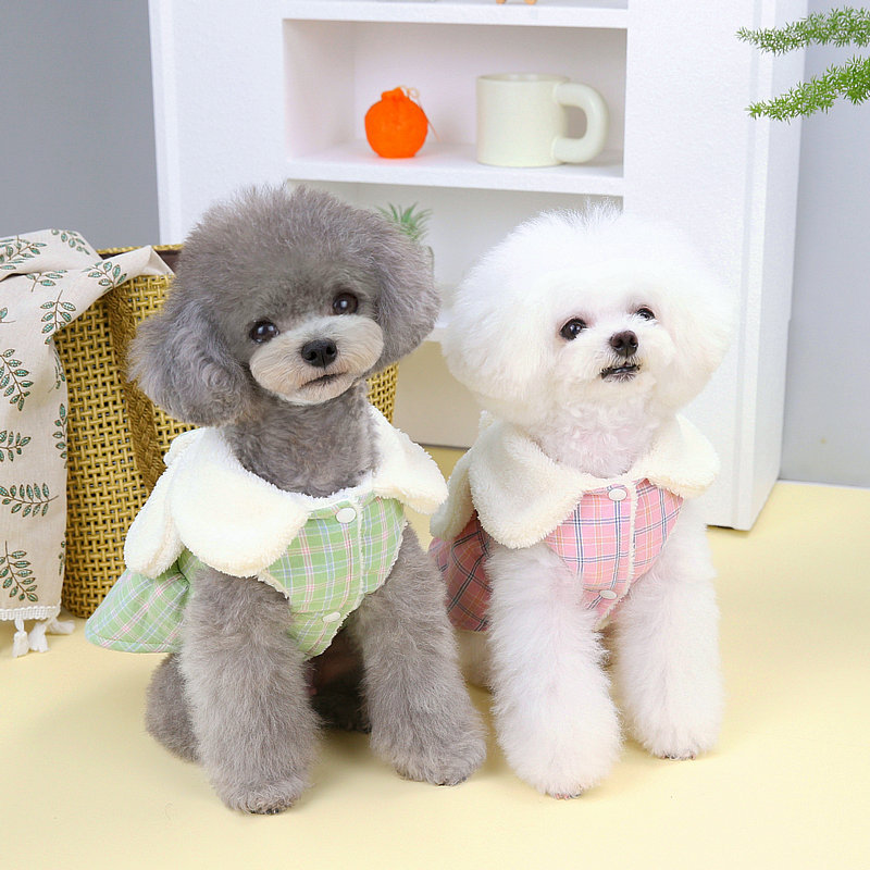 New sweet and ladylike checkered cotton dress for pet clothing in autumn and winter, cat dress that can be hung and pulled, 23 White Rabbit cotton dress pic 7