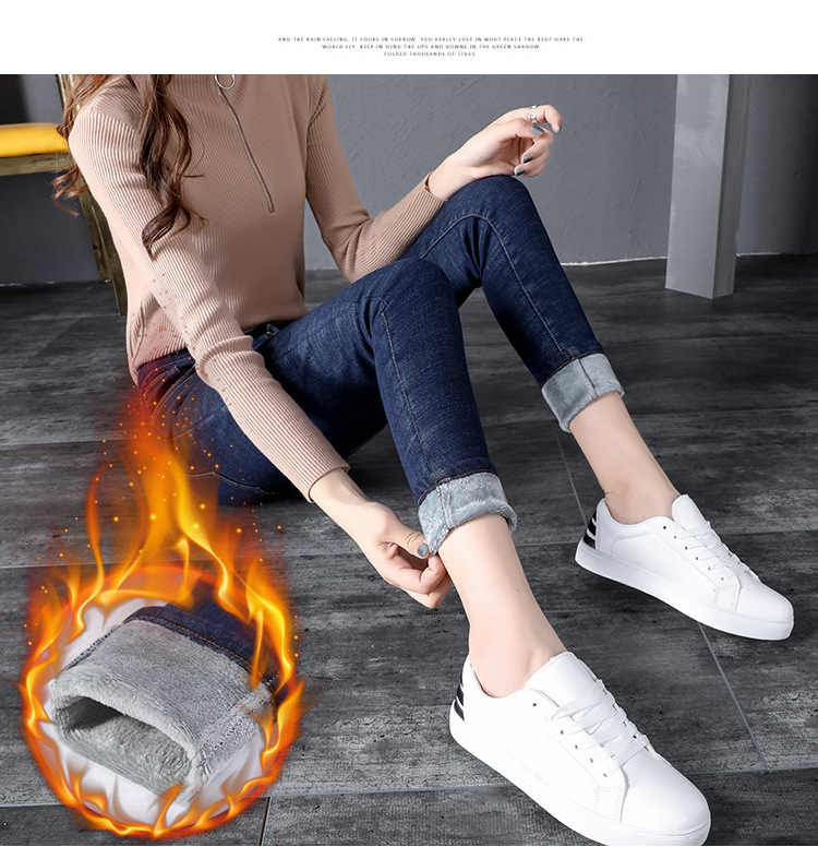 Winter fleece jeans for women, high-waisted, thick and warm Korean-style elastic slimming outerwear, small leg pants factory direct sales pic 34