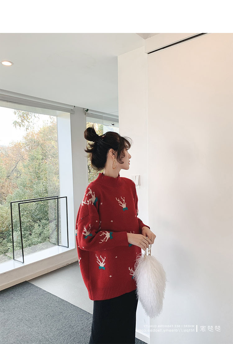 新款圣诞麋鹿红色半高领毛衣女宽松显瘦长袖打底针织衫潮详情8