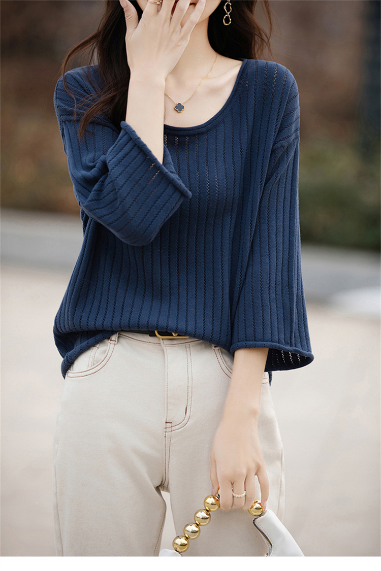 七分袖中袖夏女装纯棉镂空针织套头T恤清凉针织衫宽松版套头大码详情9