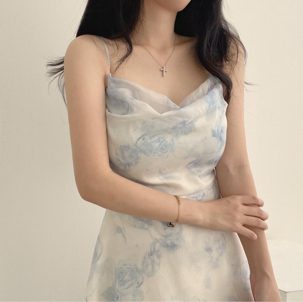 韩国chic夏季气质小清新水墨画印花镂空露背小个子雪纺吊带连衣裙详情13