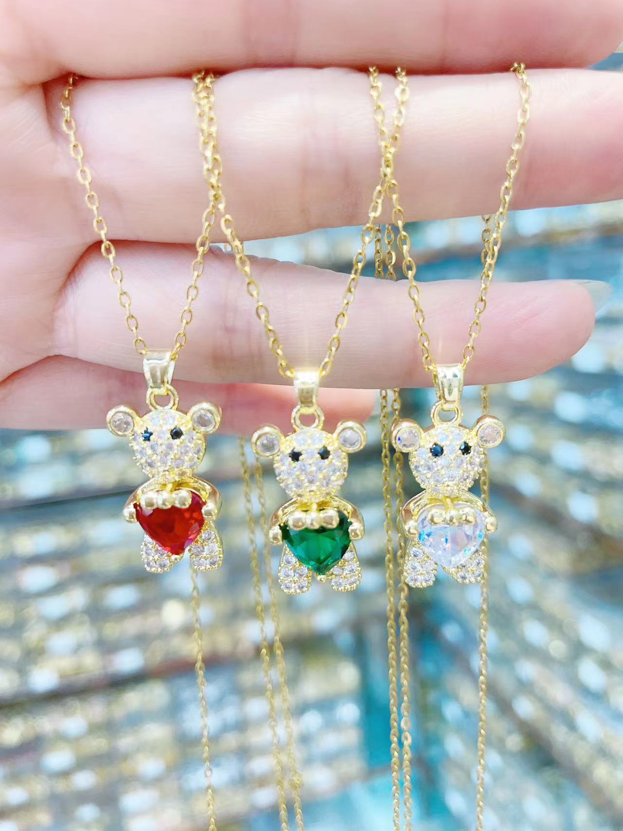 Cross-border new product, Bear Zircon necklace, personalized design, fashionable ins style, heart-shaped collarbone chain jewelry wholesale pic 2
