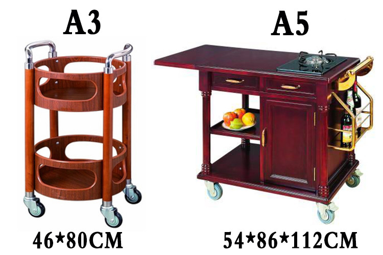 The new titanium gold wooden service dining cart is an oval-shaped beverage cart on the third floor of the hotel, a hand-pushed cleaning cart for the restaurant and guest rooms pic 6