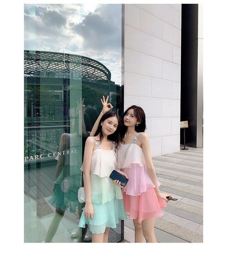 夏季新款时尚气质百搭韩版女装吊带裙粉色雪纺连衣裙无袖渐变裙子详情11