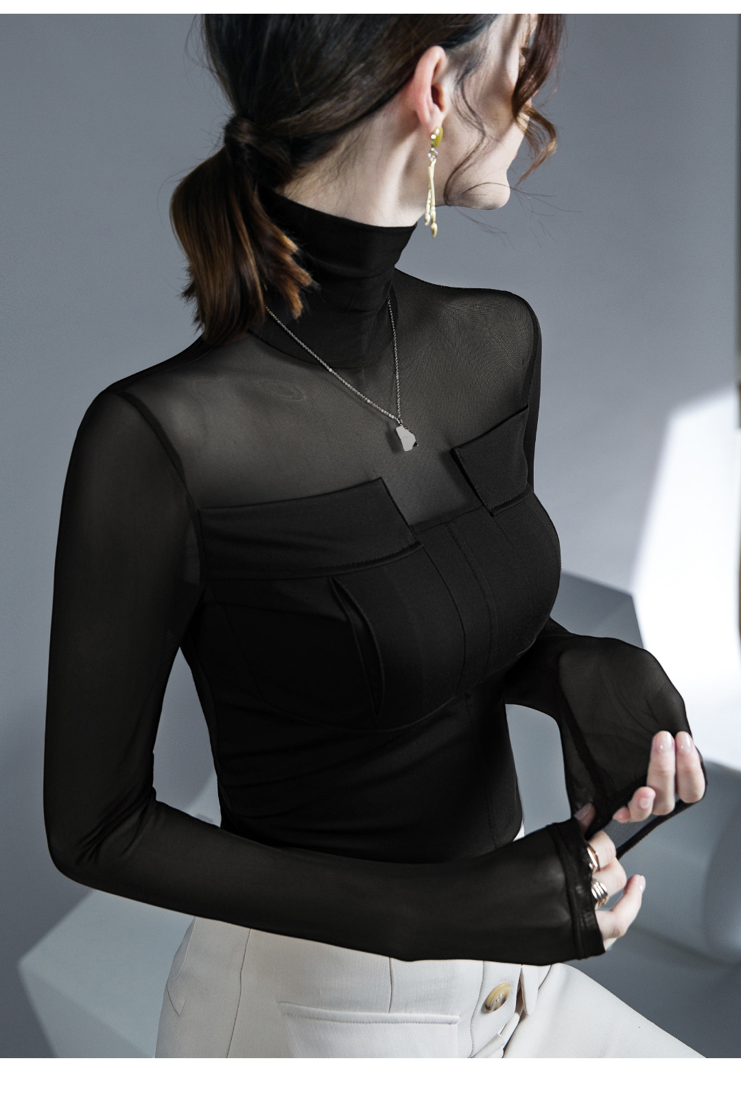 芙笙纪网纱微透拼接上衣秋冬新款内搭打底衫洋气高领长袖详情12