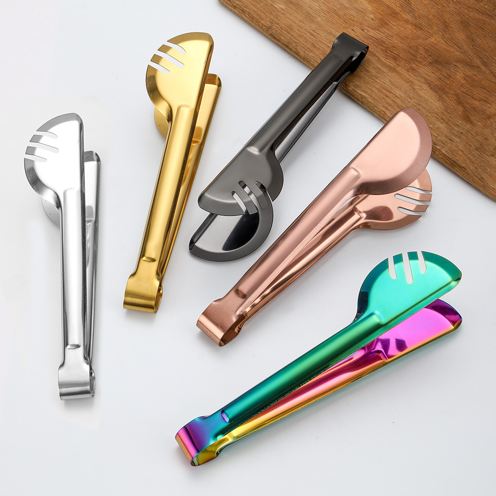 Amazon Public Services stainless steel food tongs, mirror-polished gold-plated black steak tongs, semi-round bread tongs pic 4