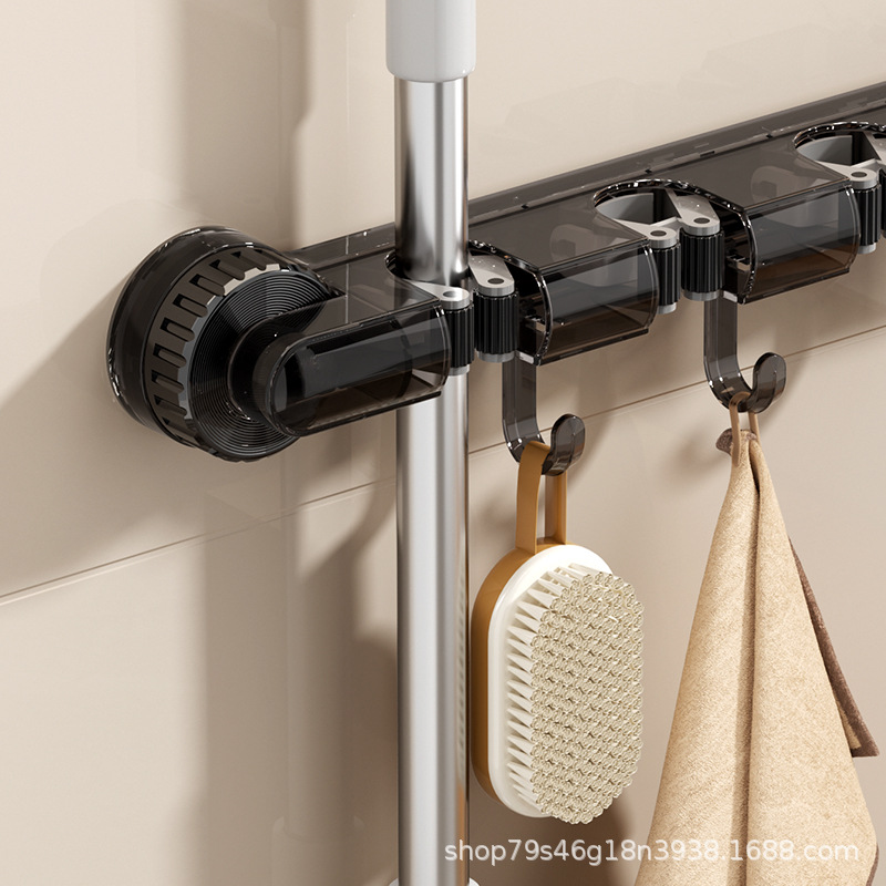 Wall-mounted four-clamp mop rack, powerful suction cup mop rack, multi-purpose hook hanging rack for kitchen and bathroom, household storage rack pic 9