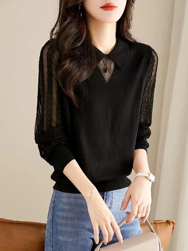 Spring and autumn thin lace knitted sweater with a sense of design, long-sleeved top, new style for women, stylish and youthful, small lapel base sweater pic 6
