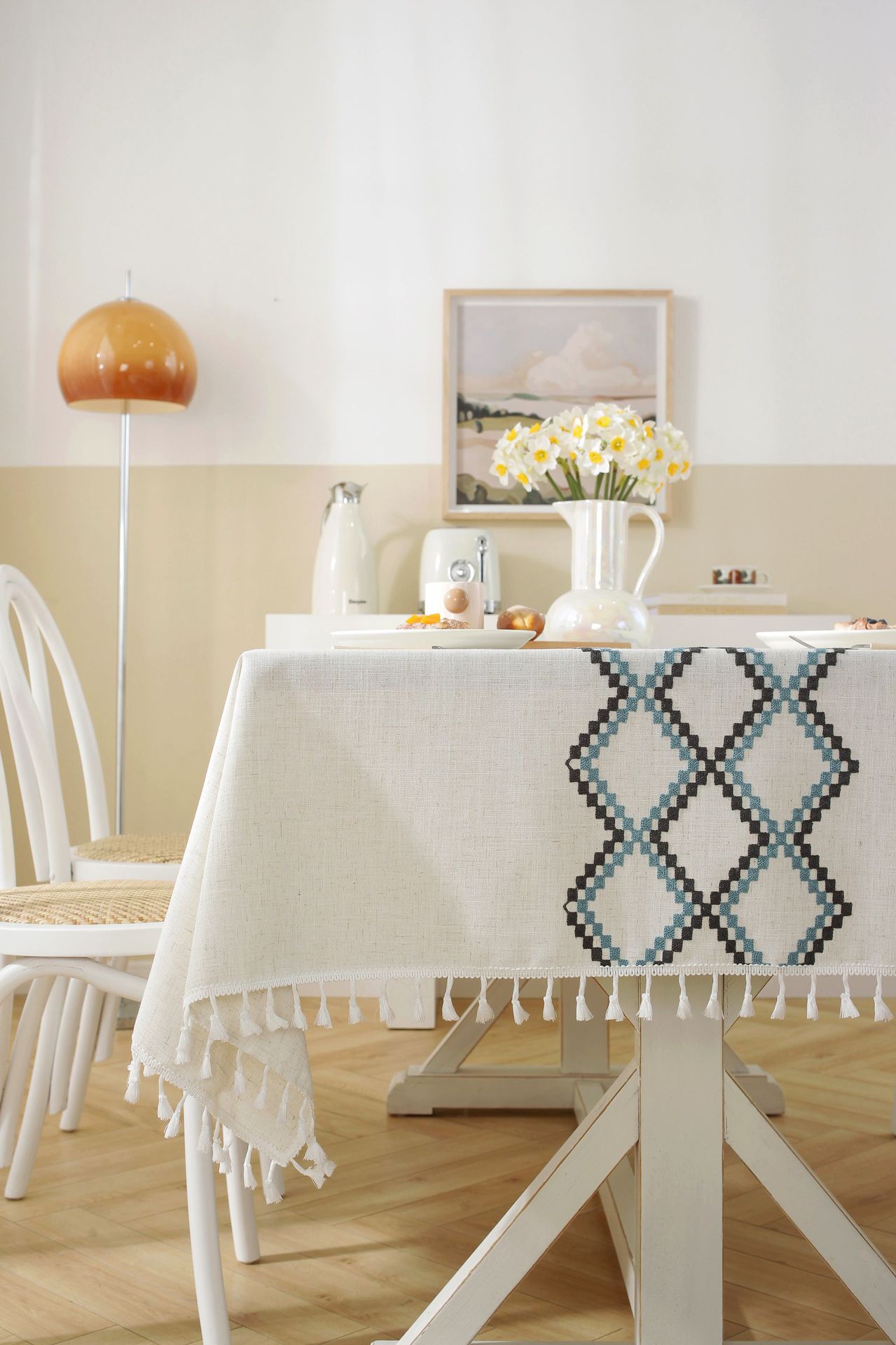 New linen embroidered cross tablecloth, solid color tablecloth, coffee table pad, cotton and linen decorative table, ins style bestseller, rectangular pic 19