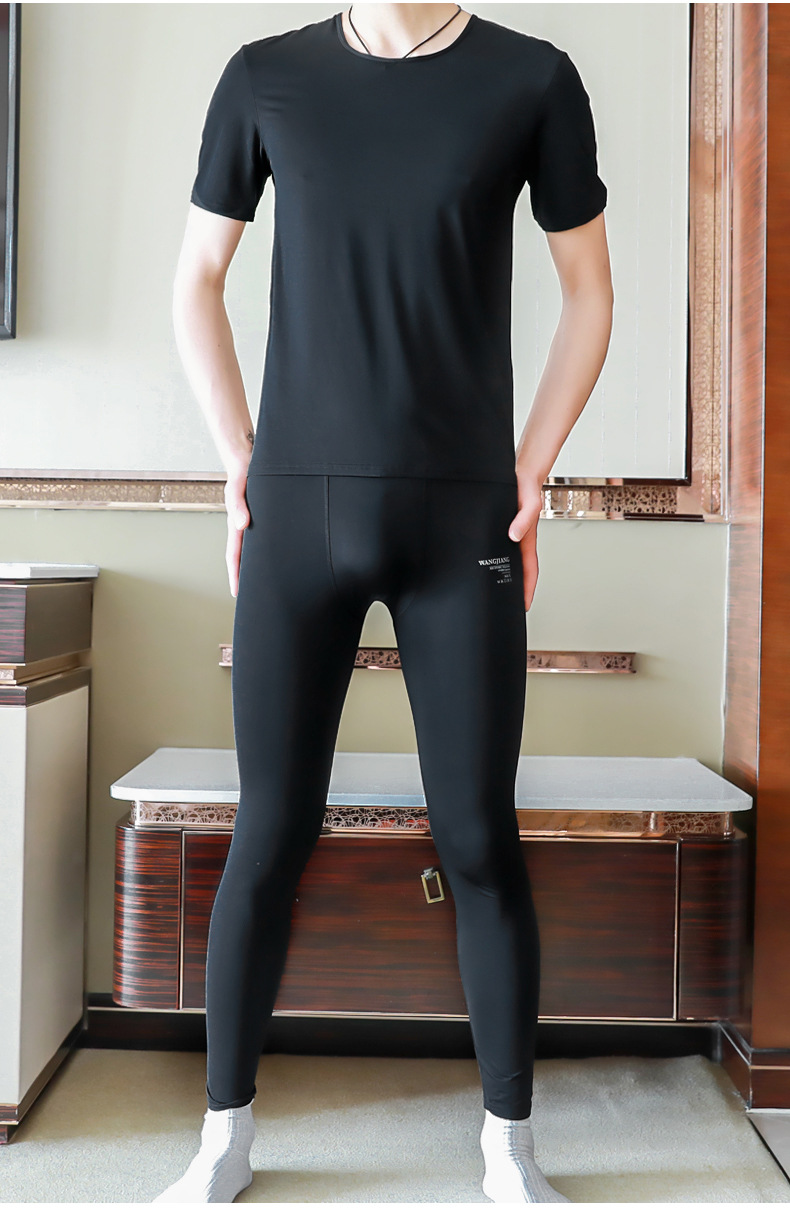 夏季男式家居服套装冰丝超薄紧身面膜衣丝滑凉感高弹力短袖套装男详情29