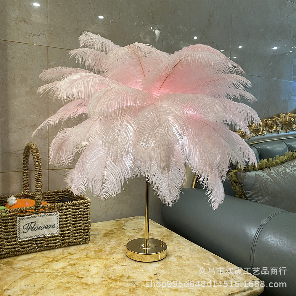 Rechargeable ostrich feather desk lamp, bedroom bedside lamp, creative Nordic light luxury romantic night lamp, warm decorative desk lamp pic 14