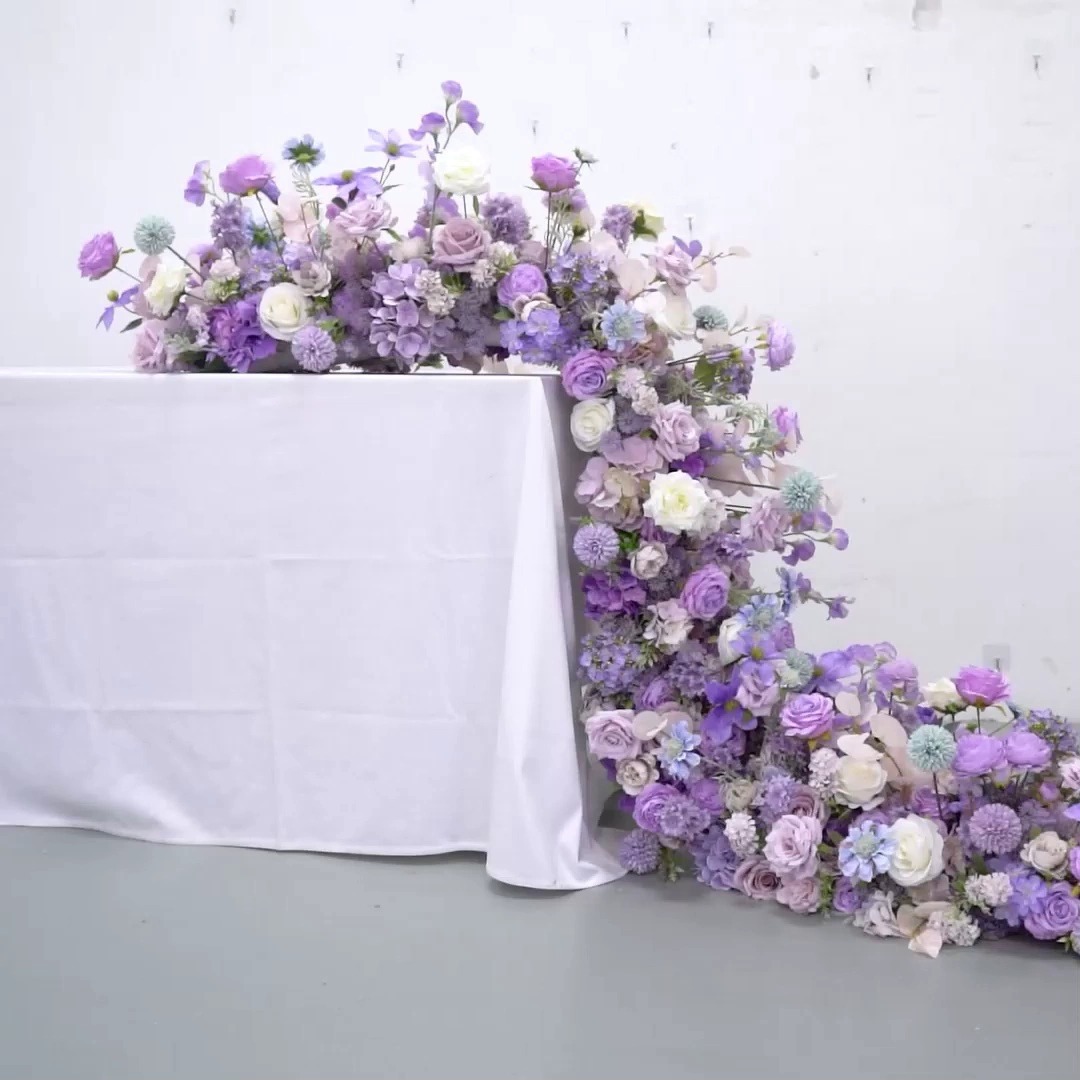 跨境粉色紫色长条桌花花艺 酒店婚礼宴会节日橱窗装饰假花仿真花详情2