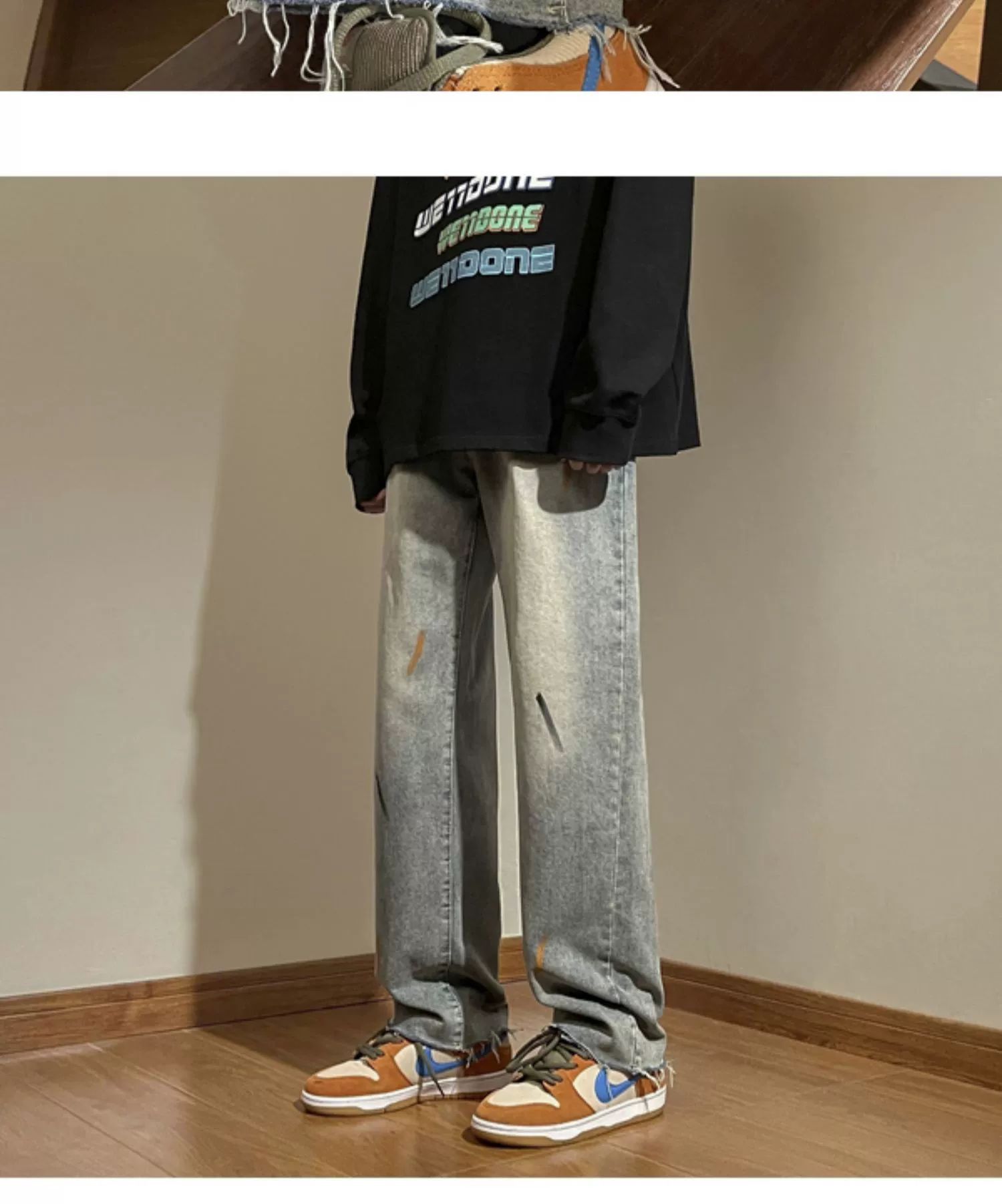 泼墨牛仔裤男款春秋美式复古毛边直筒裤潮流宽松小众百搭休闲长裤详情10