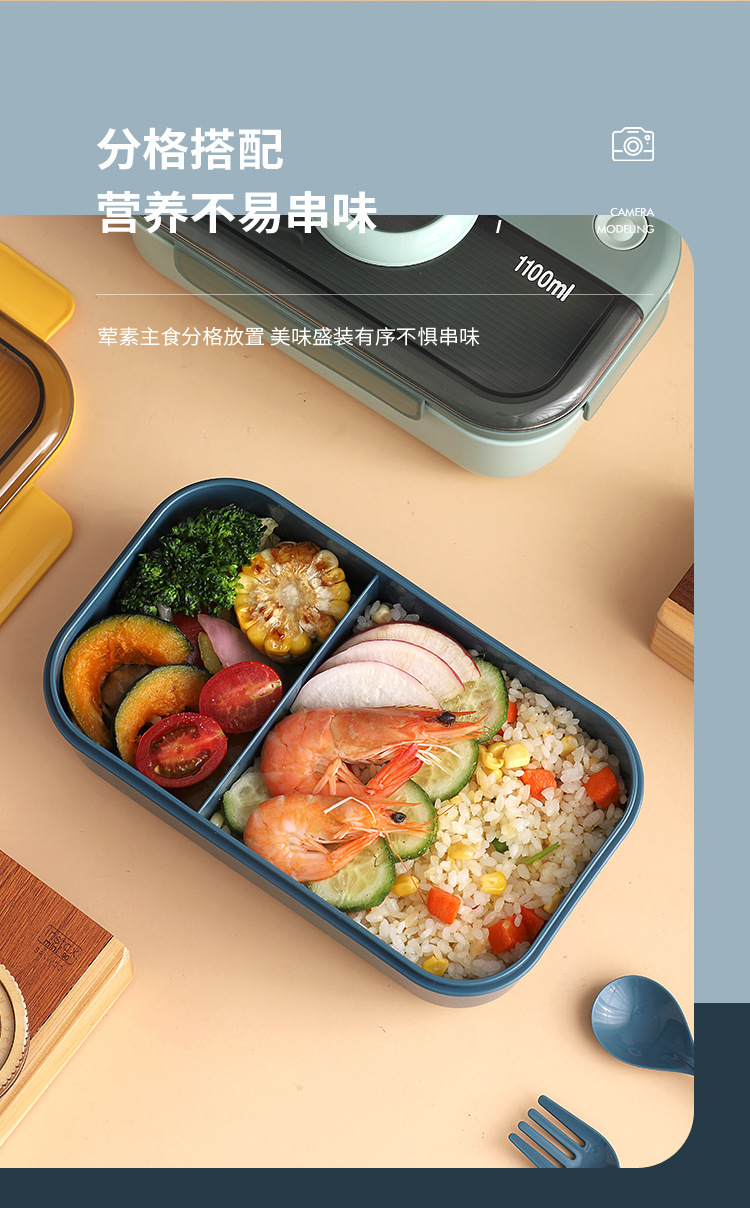 ins相机盖创意分格密封饭盒 上班族便携可微波午餐盒不串味便当盒详情7