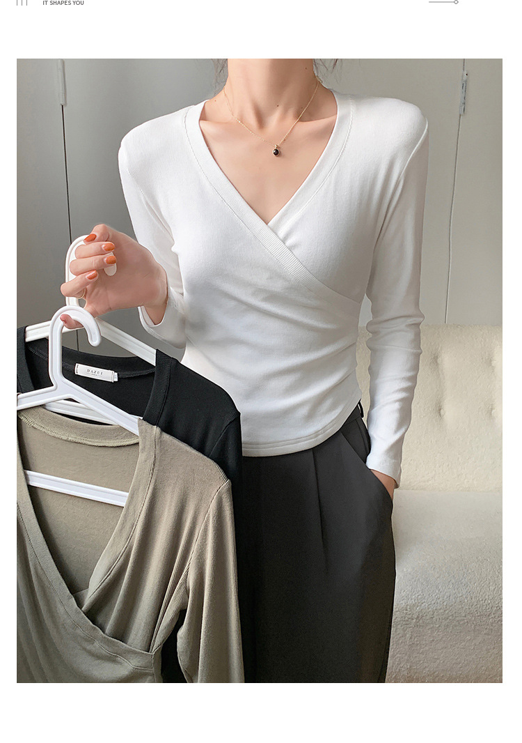 A new French cross-V-neck top for women, featuring a versatile Korean long-sleeved T-shirt with a unique design sense pic 11