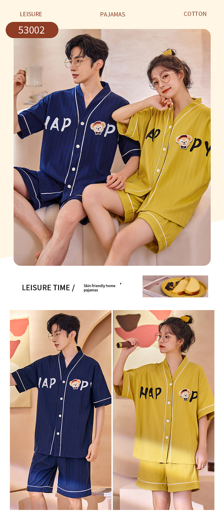 Chun baifen cute pareja pijama mujer de verano manga corta pantalones cortos cardigan hombre trajes casuales ropa casera usable exterior pic 24