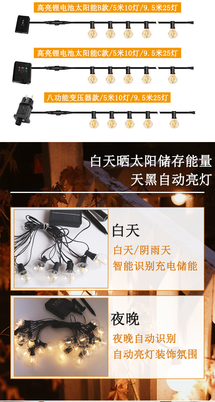 New LED bulb string G40 solar outdoor ambient light, camping courtyard decoration, waterproof and retro decorative light pic 13