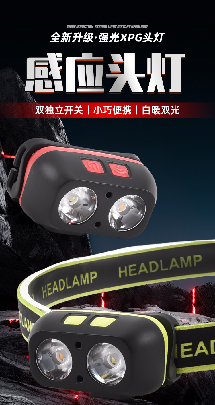 A small outdoor fishing flashlight with white and yellow dual-head light, strong charging sensor, head-mounted lighting and ultra-long battery life pic 1
