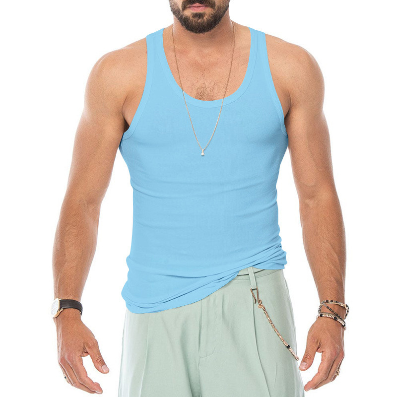 亚马逊男士背心弹力紧身纯色运动背心男夏季修身型健美打底衫批发详情21