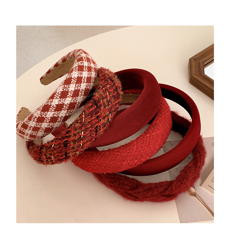 2024 New Year Spring Retro Hong Kong-style wine red velvet headband with checkered French sponge high top headband pic 6